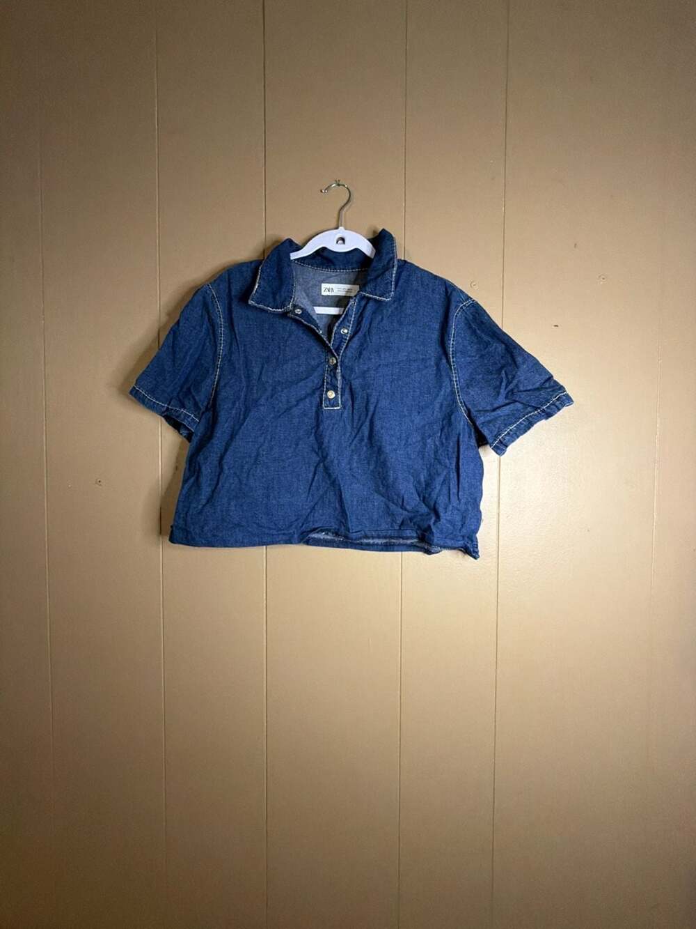 Zara Women's Short Sleeve Cropped Denim Polo Shirt